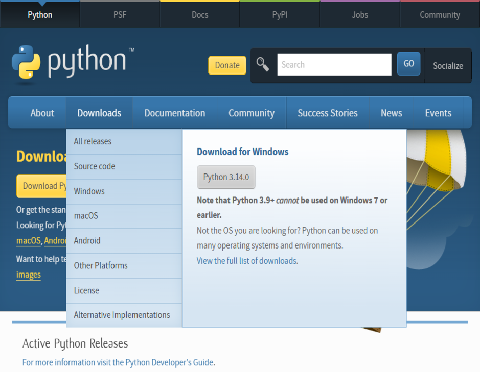 Sección de descarga de Python
